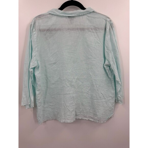 Eileen Fisher Irish Linen Top Large Button Down Collar 3/4 Sleeve Blue $158 - Picture 3 of 9